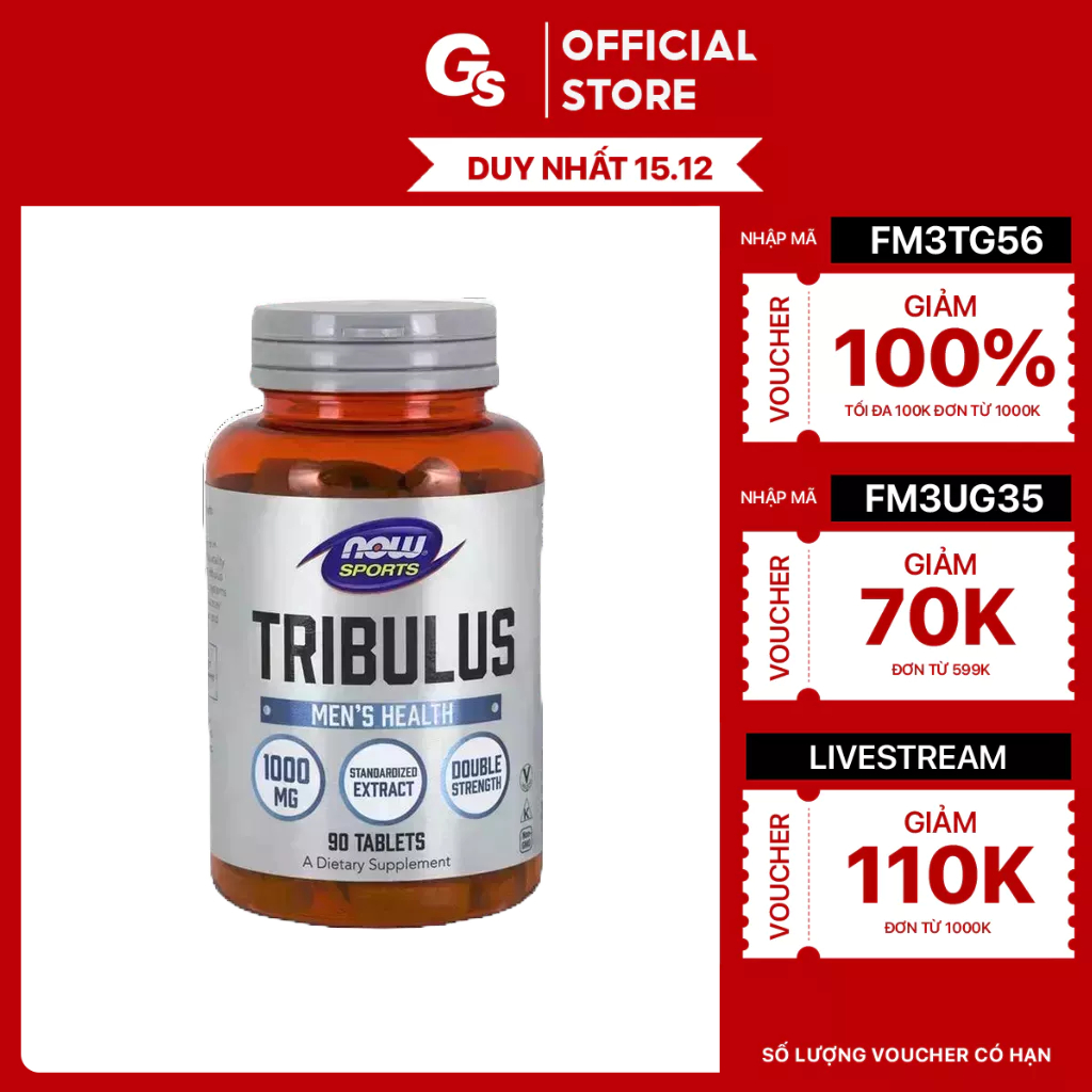 Thực phẩm bổ sung Now Tribulus 1000mg, 180 viên - hỗ trợ tăng cơ và phục hồi cơ bắp
