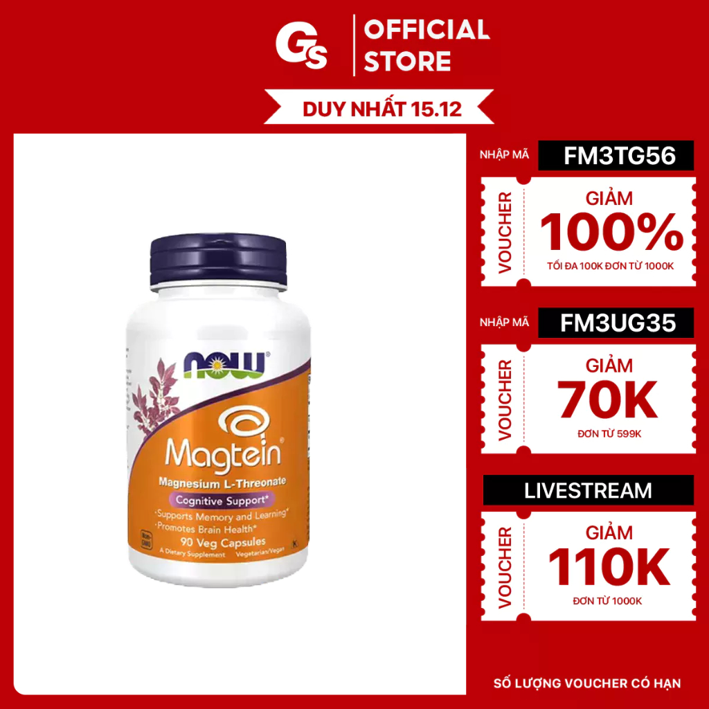 Viên uống NOW Magtein, Magnesium L-Threonate, (90 Capsules) nhập khẩu Mỹ - Gymstore cải thiện sức khỏe và trí não