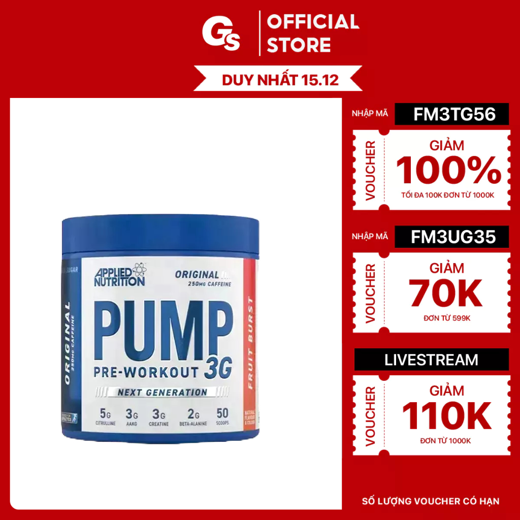 Bột tăng sức mạnh Applied PUMP 3G Pre-Workout With Caffeine (50 muỗng) nhập khẩu Anh - Gymstore