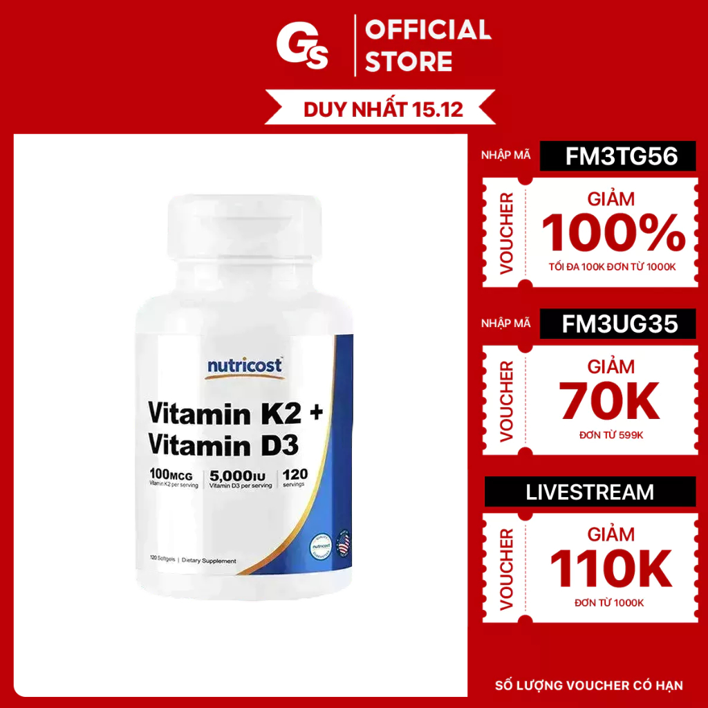Viên uống Nutricost Vitamin K2 + D3 (120 Softgels) nhập khẩu Mỹ - Gymstore bảo vệ xương khớp, tim mạch, sức khỏe làn da