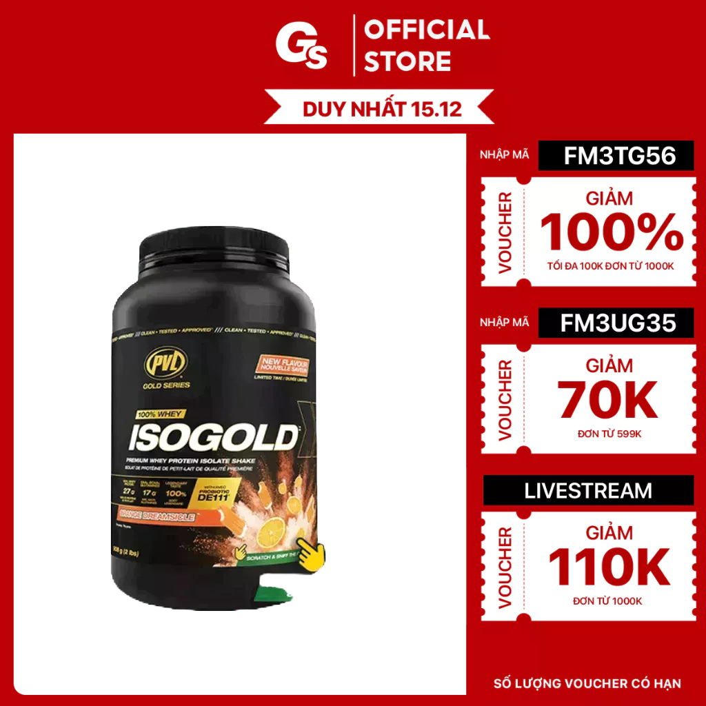 Sữa tăng cơ PVL ISO Gold, Premium Isolate 100% Whey Protein Powder with Probiotic, 2 Lbs (908 gram) nhập khẩu Canada