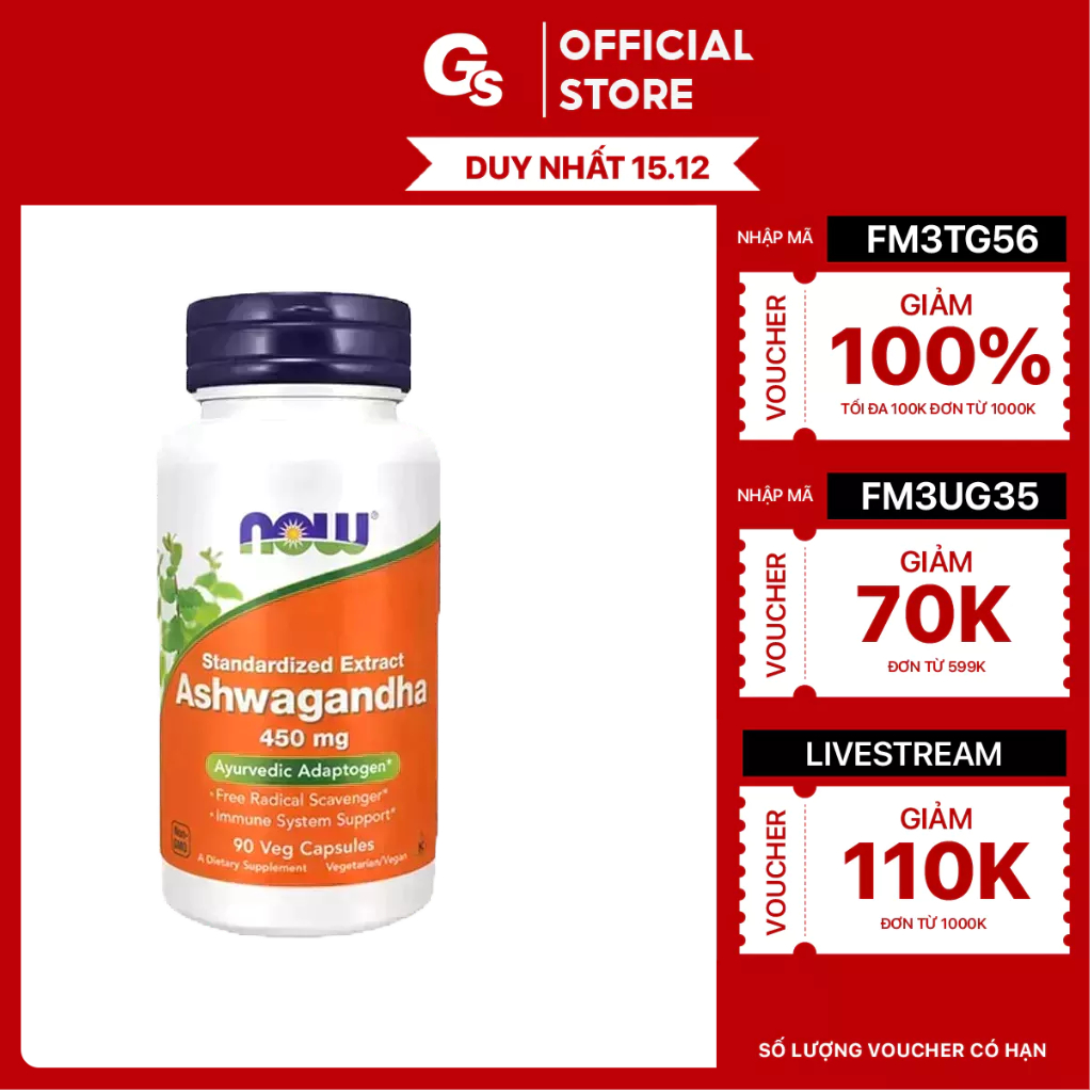 Viên uống Now Ashwagandha, 450mg (90 viên) nhập khẩu Mỹ - Gymstore giúp cải thiện sức khỏe toàn diện