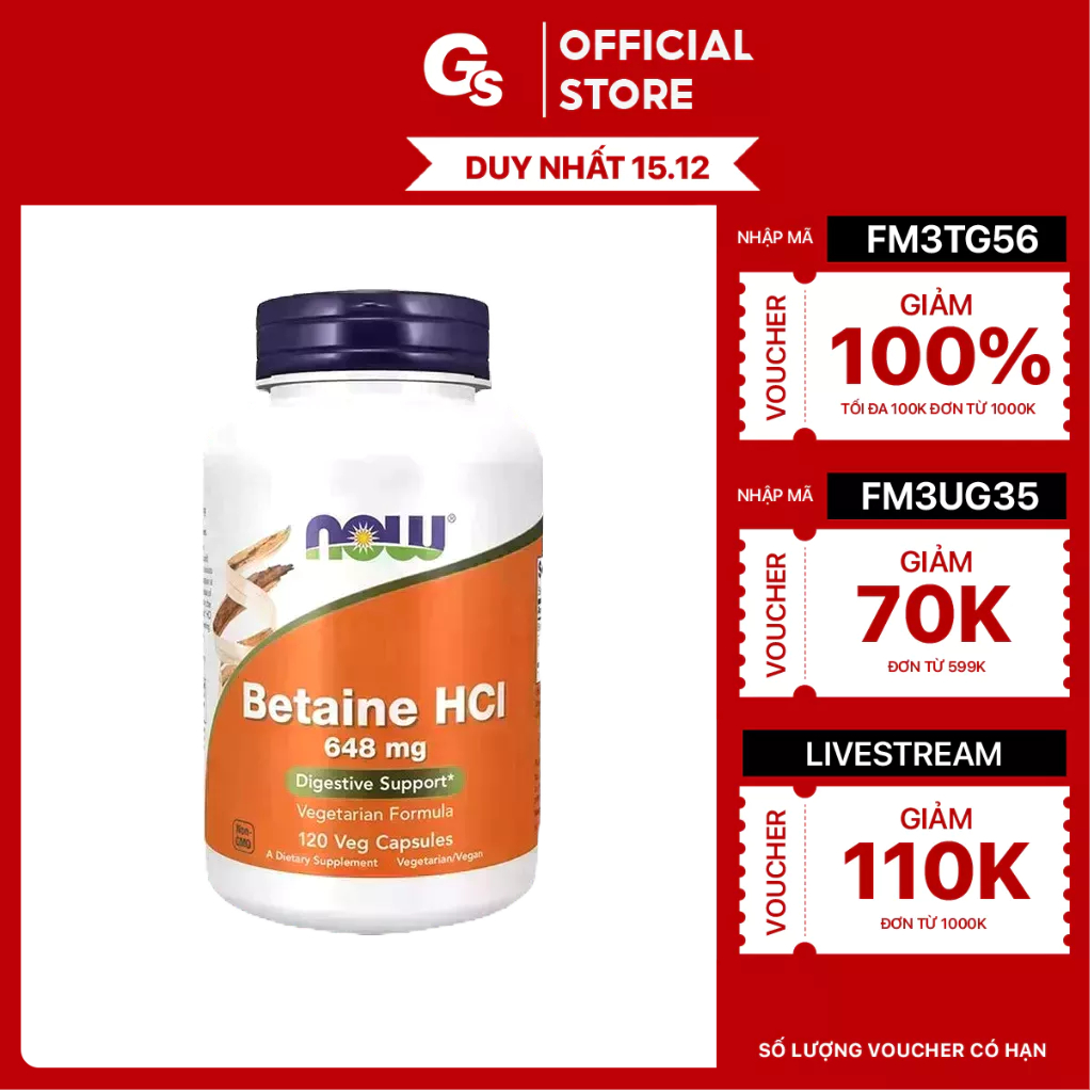 Viên uống NOW Betaine HCL 648 mg hỗ trợ tiêu hoá, tổng hợp Protein - CHÍNH HÃNG