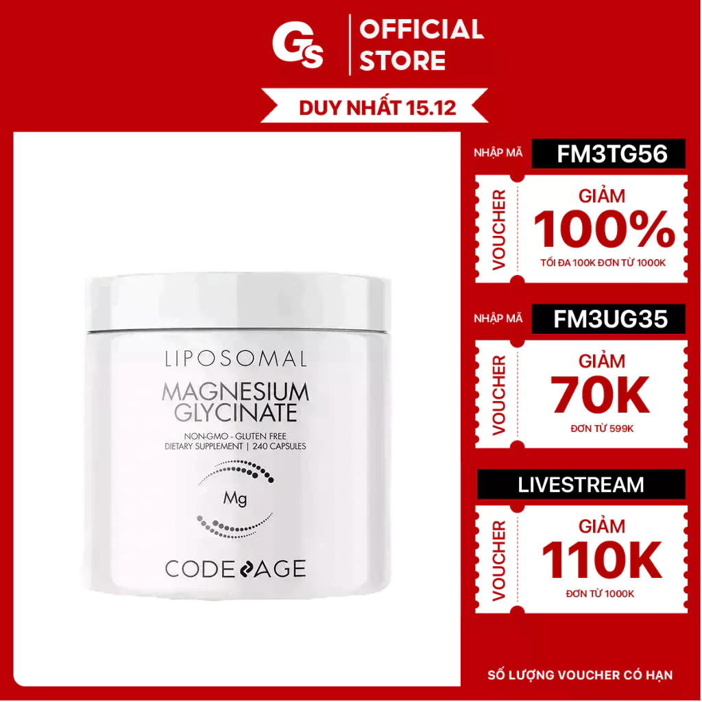 Hàng công ty | Viên bổ sung Magiê CodeAge Liposomal Magnesium Glycinate, 240 Capsules | Made in Mỹ | Gymstore