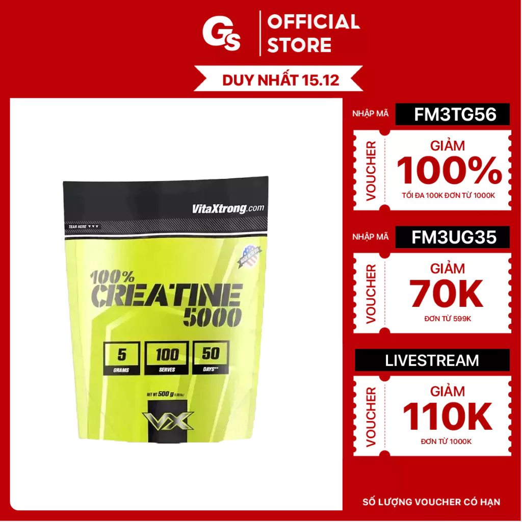 Bột VitaXtrong 100% Pure Creatine Monohydrate 5000 (Unflavored) nhập khẩu Mỹ - Gymstore bơm phồng cơ, tăng hiệu suất