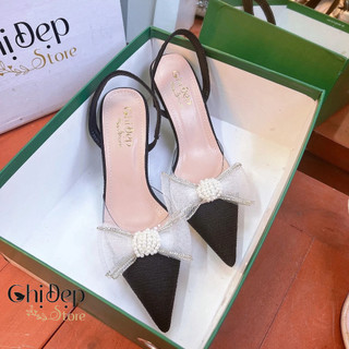 Giày cao gót bít mũi lụa gân phối mika đính nơ voan chị đẹp store, sandal nữ cao gót 9 phân mã u69