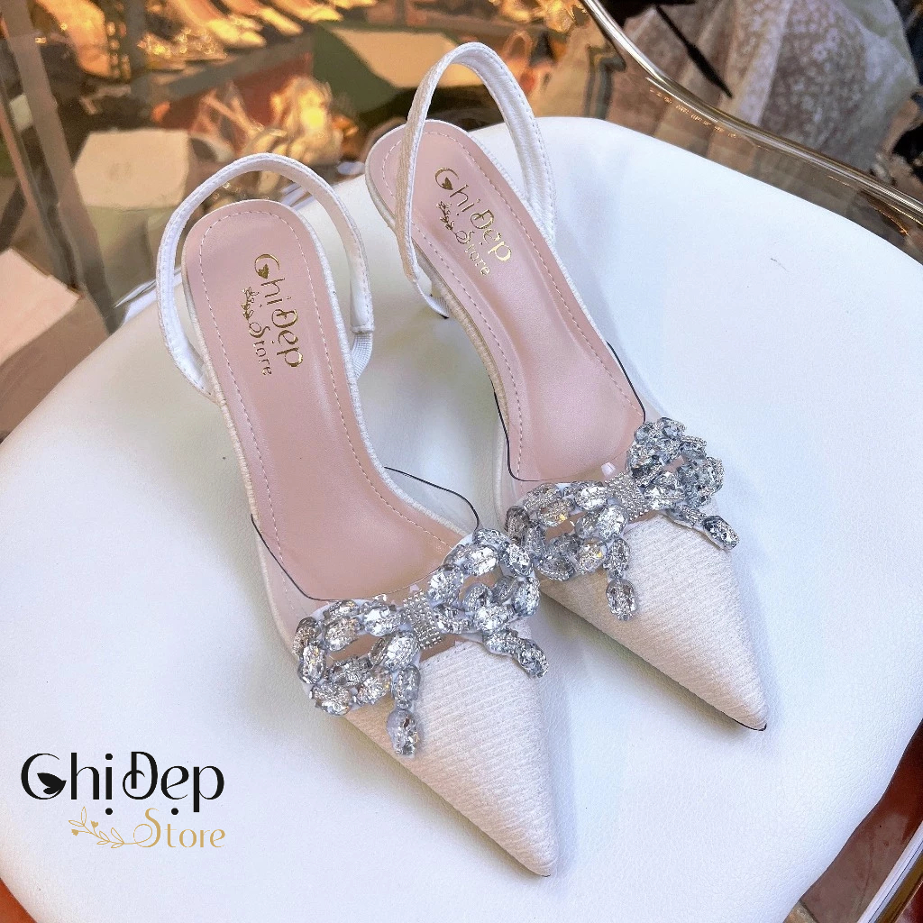Giày Cao Gót Bít Mũi Lụa Gân Phối Mika Đính Nơ Đá Vằn 7cm, Sandal Nữ Cao Gót 7 Phân Chị Đẹp Store Mã U68