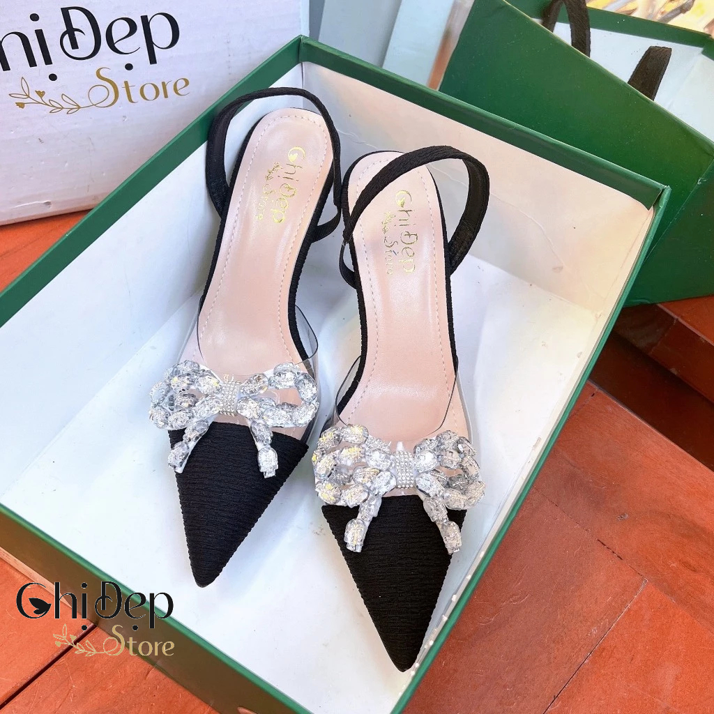 Giày Cao Gót Bít Mũi Lụa Gân Phối Mika Đính Nơ Đá Vằn 7cm, Sandal Nữ Cao Gót 7 Phân Chị Đẹp Store Mã U68