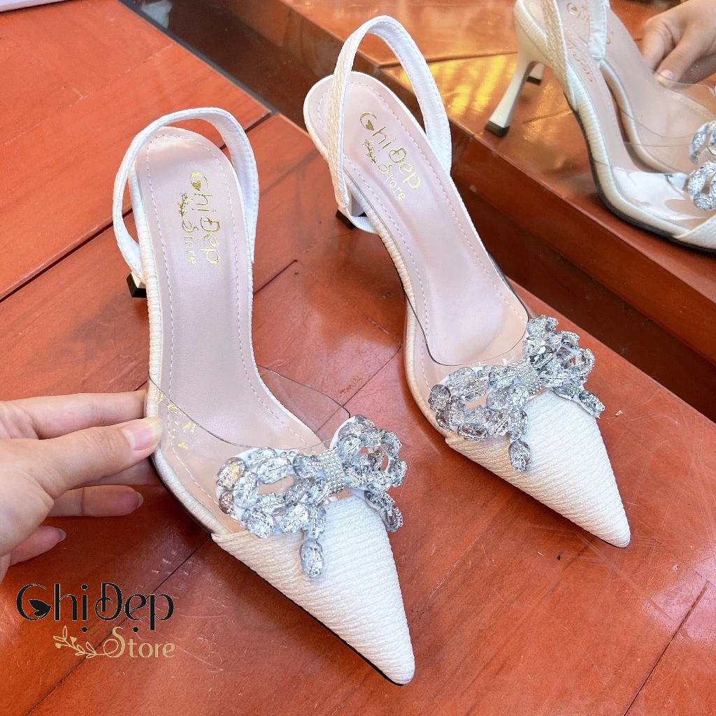 Giày Cao Gót Bít Mũi Lụa Gân Phối Mika Đính Nơ Đá Vằn 7cm, Sandal Nữ Cao Gót 7 Phân Chị Đẹp Store Mã U68