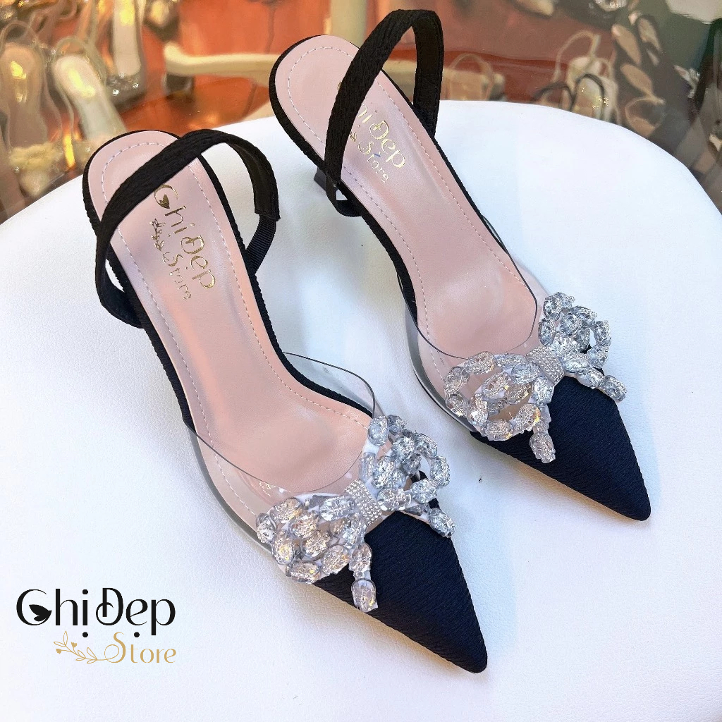Giày Cao Gót Bít Mũi Lụa Gân Phối Mika Đính Nơ Đá Vằn 7cm, Sandal Nữ Cao Gót 7 Phân Chị Đẹp Store Mã U68