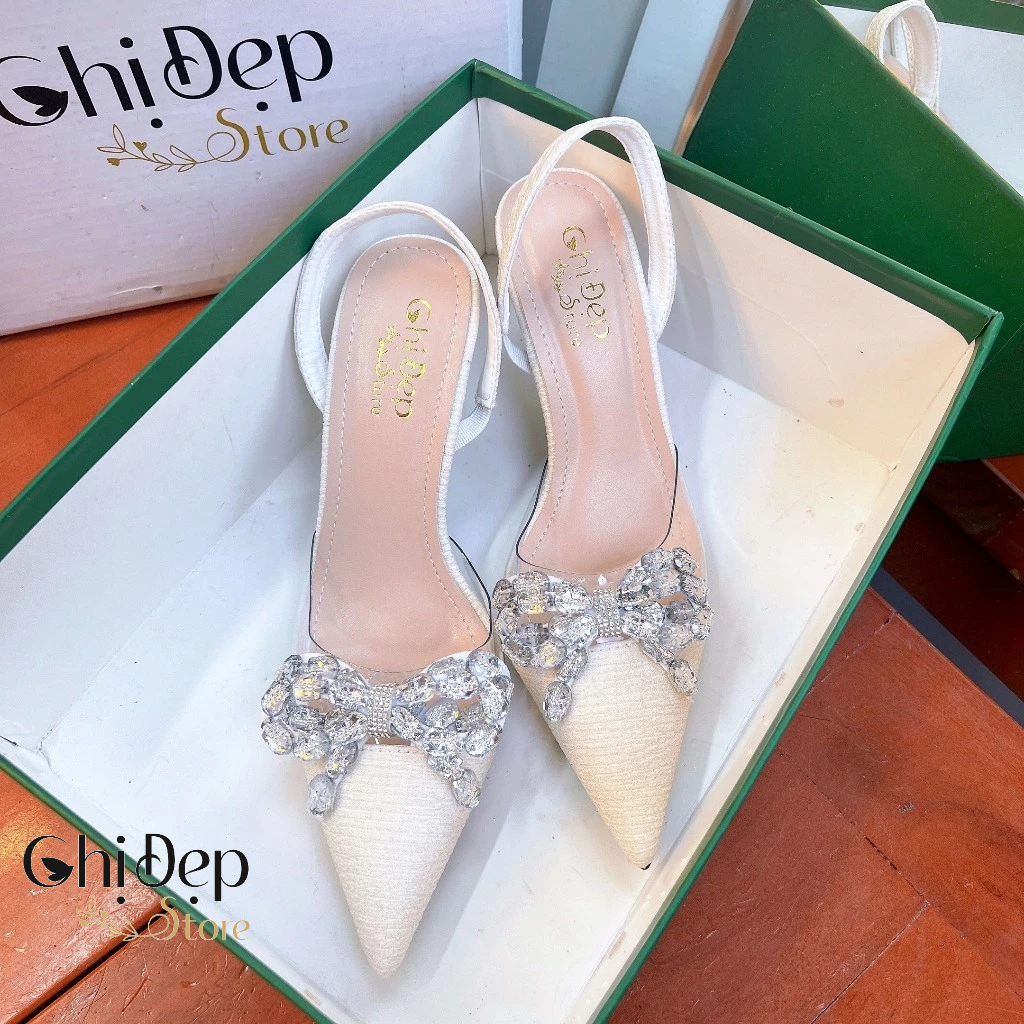 Giày Cao Gót Bít Mũi Lụa Gân Phối Mika Đính Nơ Đá Vằn 7cm, Sandal Nữ Cao Gót 7 Phân Chị Đẹp Store Mã U68