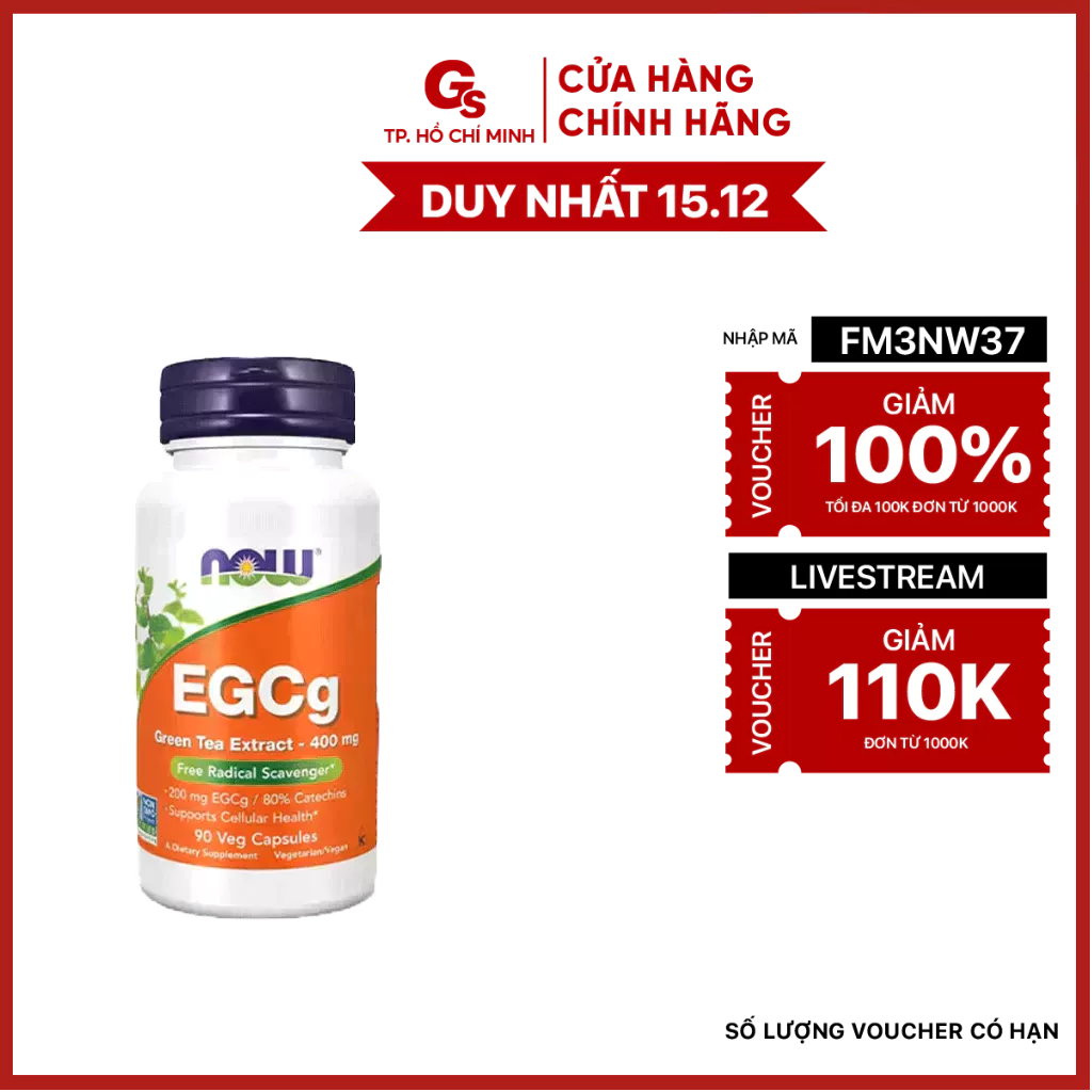 Viên uống Now EGCg Green Tea Extract 400mg (90 Vcaps) nhập khẩu Mỹ - Gymstore giúp tăng cường trao đổi chất