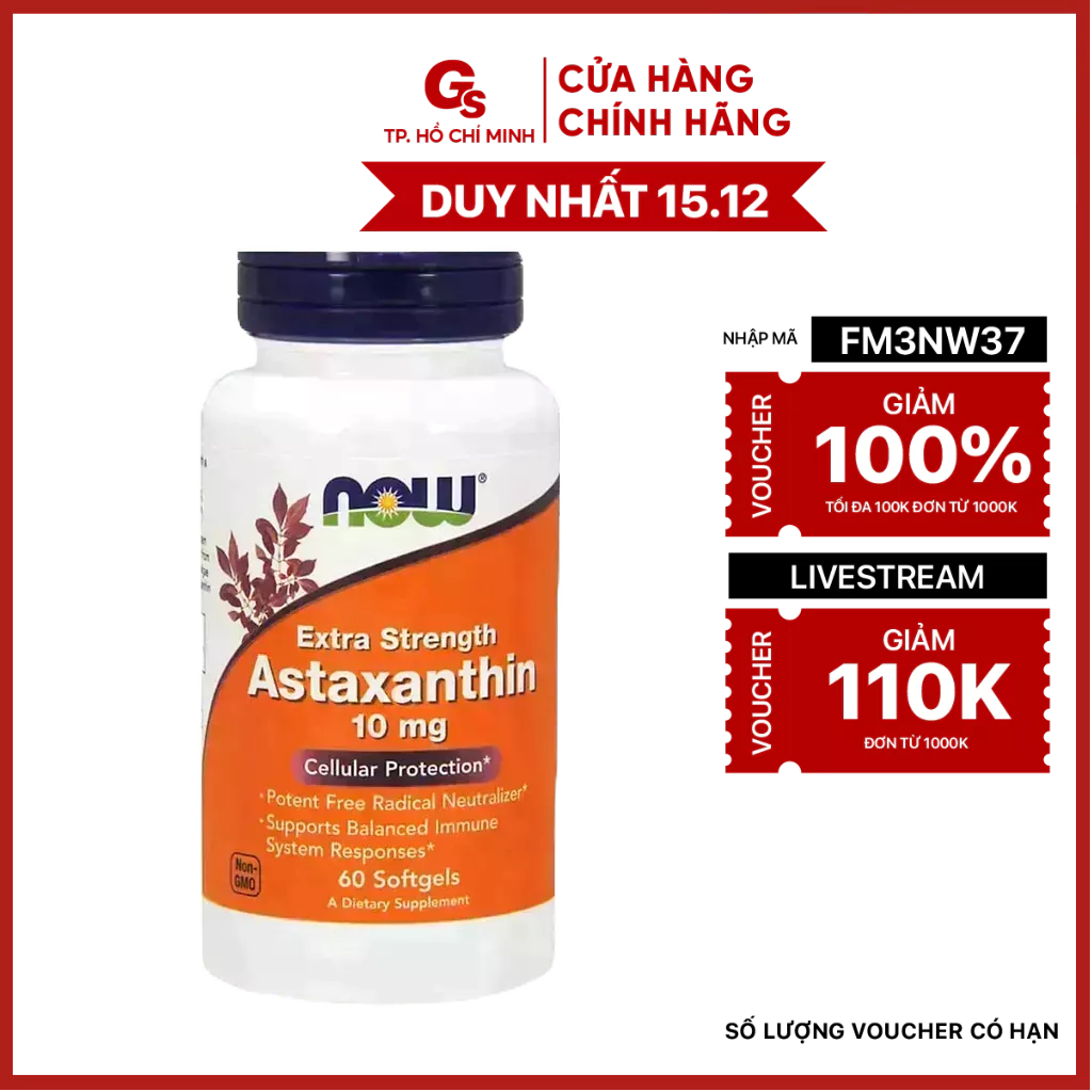 Viên uống Vitamin NOW Extra Strength Astaxanthin 10 mg nhập khẩu Mỹ chống lão hóa hiệu quả