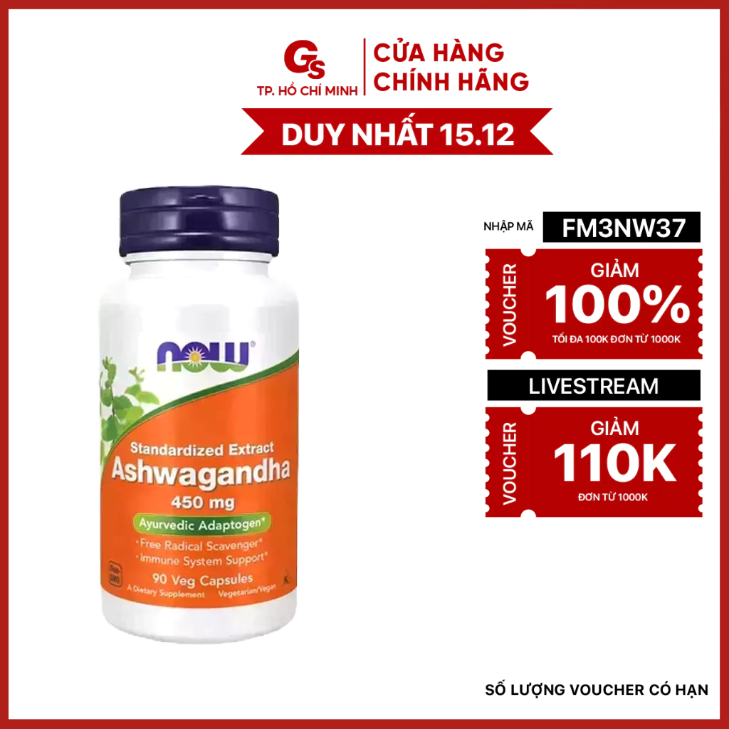Viên uống nhân sâm Now Ashwagandha, 450mg (90 viên) nhập khẩu Mỹ