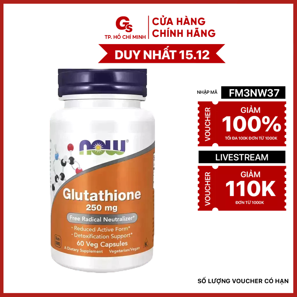 Viên uống trắng da, giải độc gan, chống oxy hóa Now Glutathione  nhập khẩu Mỹ