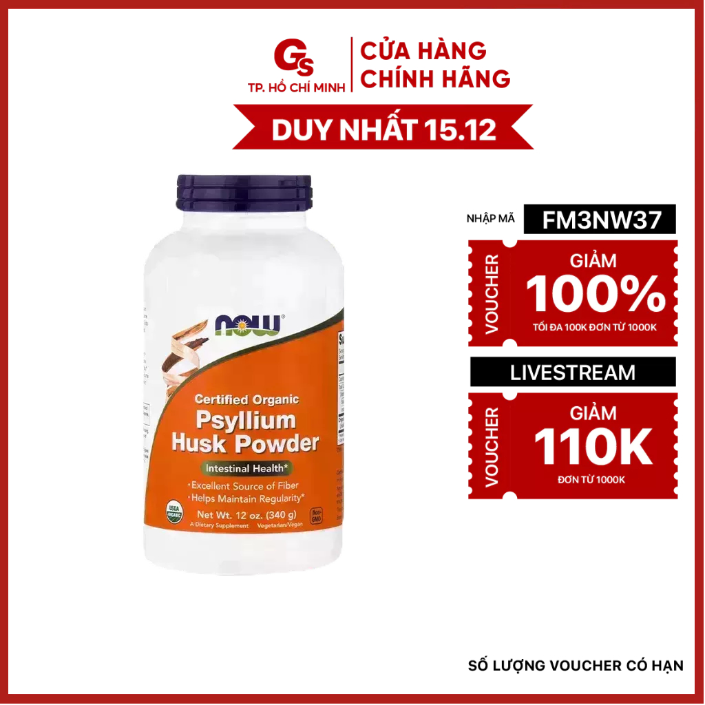 Viên uống bổ sung chất xơ Now Psyllium Husk Caps, 500mg (500 viên) nhập khẩu Mỹ - Gymstore