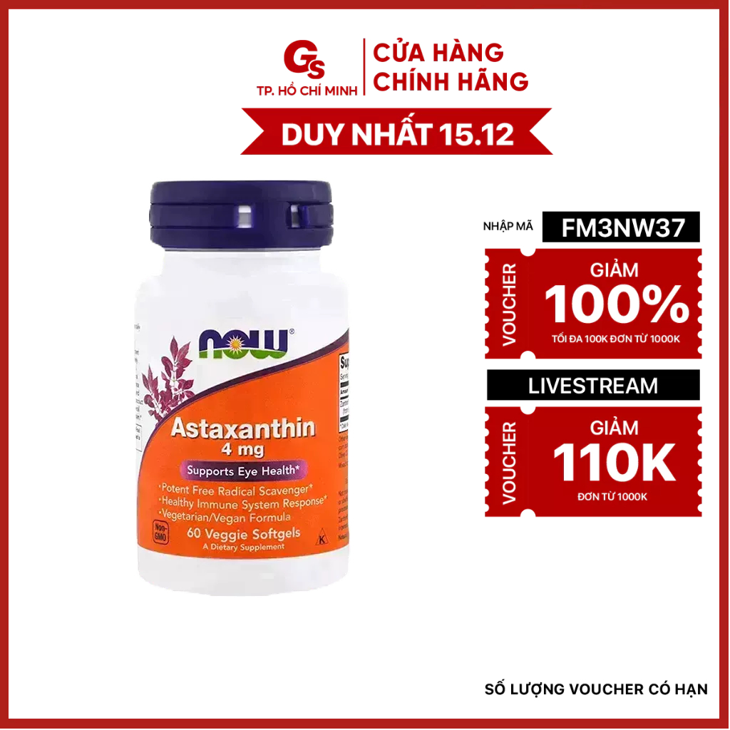 Viên uống Vitamin NOW Astaxanthin (4 mg) nhập khẩu Mỹ chống oxy hóa, nguy cơ ung thư, lão hóa, điều trị suy giảm thị lực
