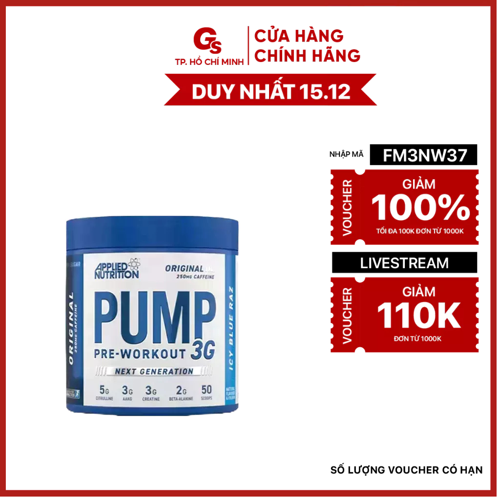 Bột Applied PUMP 3G Pre-Workout With Caffeine (50 muỗng) nhập khẩu Anh - Gymstore tăng sức mạnh, sức bền