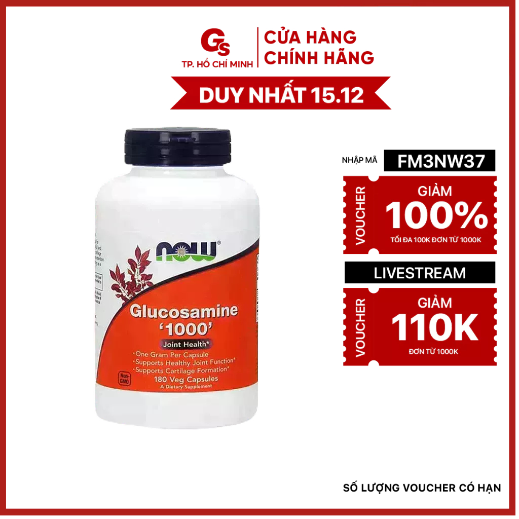 Viên uống Vitamin NOW Glucosamine 1000 (180 Capsules) hỗ trợ xương chắc khỏe, giải quyết triệt để các bệnh viêm khớp