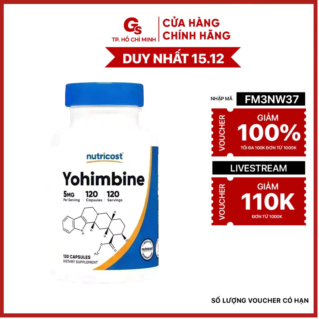 Viên uống Nutricost Yohimbine HCL Capsules 5 mg nhập Mỹ giảm mỡ, hỗ trợ sinh lý nam nữ