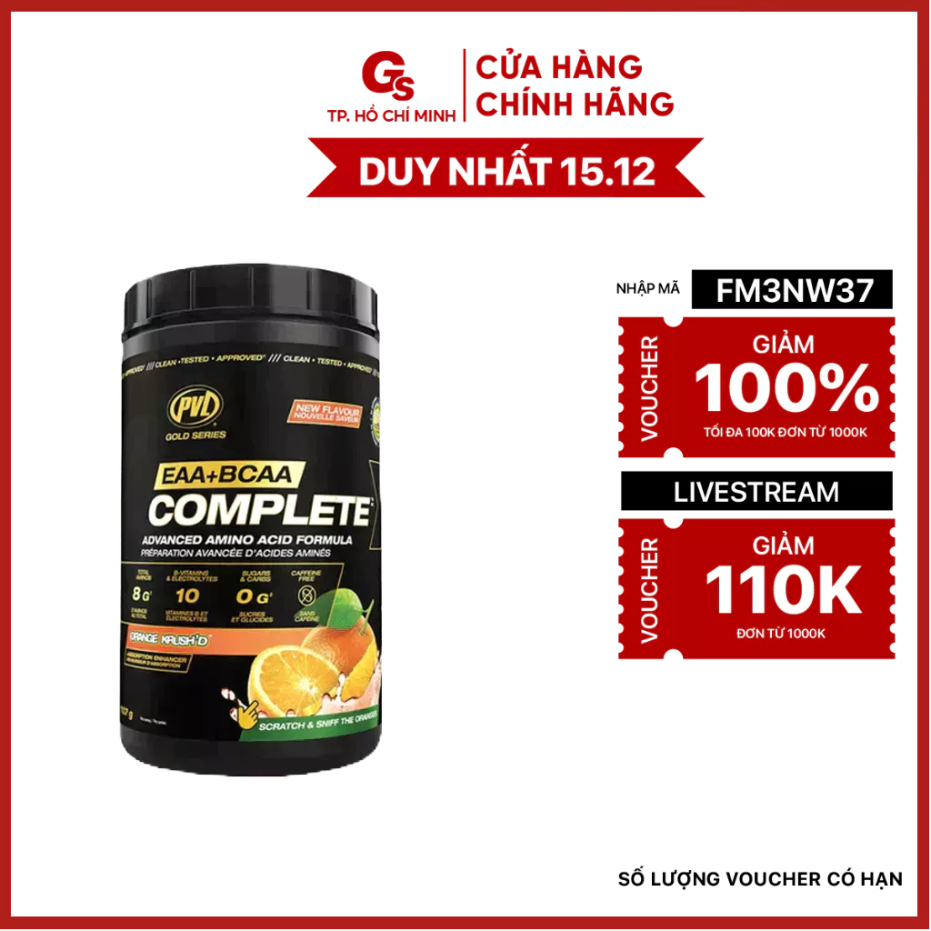 Bột điện giải PVL EAA+BCAA Complete 90 Servings (1107 gram) - Gymstore giúp phục hồi và phát triển cơ bắp
