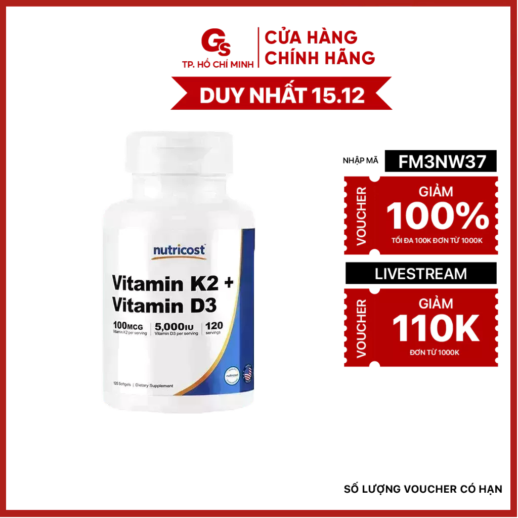 Viên uống Nutricost Vitamin K2 + D3 (120 Softgels) giúp bảo vệ xương khớp, tim mạch, sức khỏe làn da