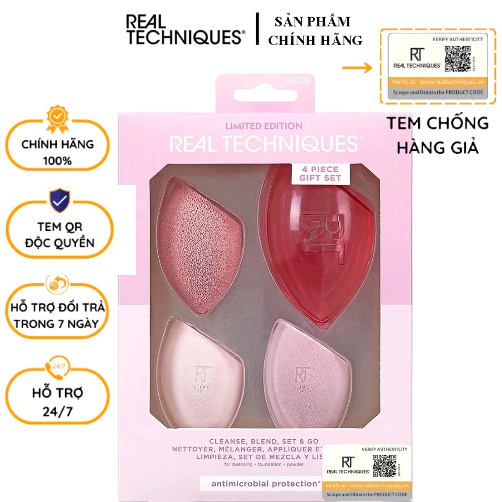 Set 3 Mút Tán Và Hộp Bảo Vệ Real Techniques Limited Edition Cleanse, Blend, Set and Go Makeup Sponge Set