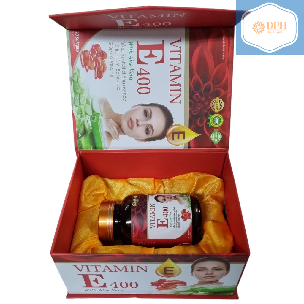 Viên uống trắng da mờ nám VITAMIN E400 With Aloe Vera + Vitamin E 400 iu tinh dầu hoa anh thảo Vitamin E đỏ-Hộp 30 viên