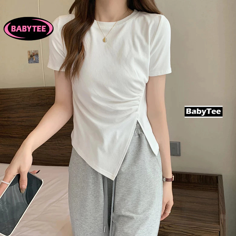 Áo Thun Tay Ngắn NHÚN EO VẠT LỆCH XẺ TÀ Cổ Tròn Nữ , Áo Cộc Tay Vạt Chéo Nhọn Thun Gân Kiểu Hàn Quốc Dáng Dài BABYTEE