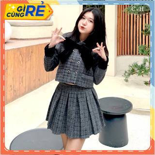 Set dạ Tweed áo ghi đính nơ Mix chân váy xếp ly xòe bồng dày dặn C&H Clothing