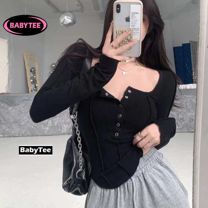 Áo BABY TEE TAY DÀI CỔ VUÔNG NÚT BẤM DÁNG DÀI Ôm Body Nữ, Áo Thun Crt Choàng Cổ Kiểu Sexy Chất Gân Đẹp