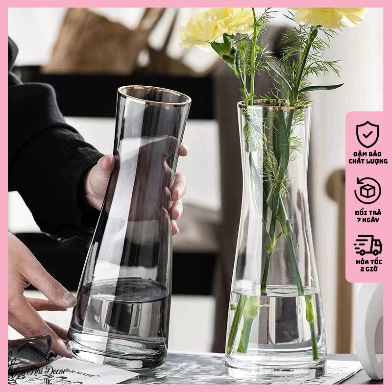 Lọ hoa thủy tinh trong suốt viền vàng 26.5cm decor đẹp, lọ hoa decor, lọ hoa để bàn, lọ hoa đẹp, bình hoa thủy tinh