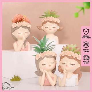 Sen đá giả kèm chậu mini để bàn trang trí đẹp, chậu sen đá cô gái, sen đá giả decor, chậu sen đá giả
