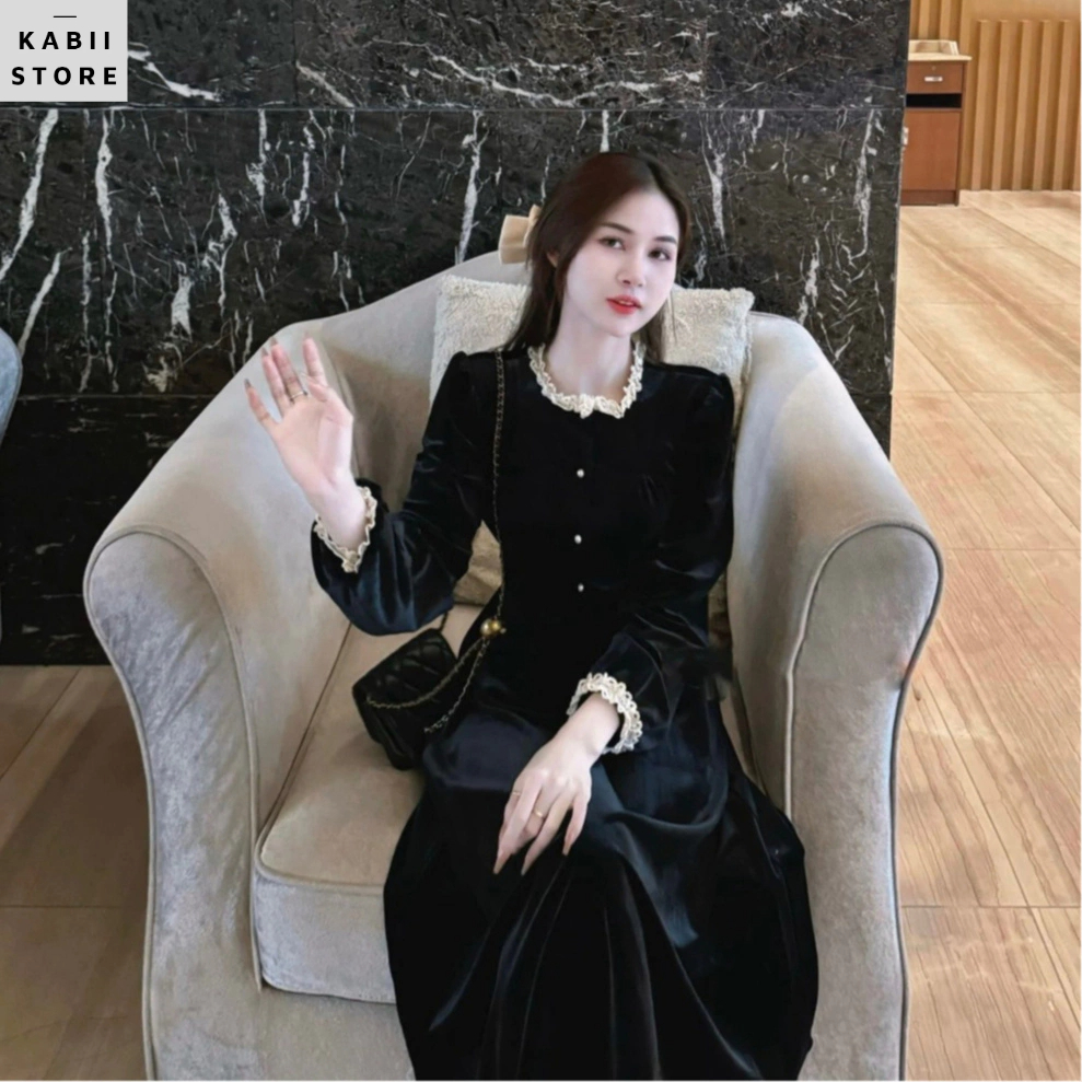 Váy nhung phối cổ ren đính cúc ngọc dáng dài KABII, chất nhung tuyết cao cấp đủ size S M L