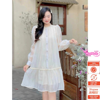 Váy tơ trắng dài tay cúc ngọc đuôi cá, đầm babydoll tơ dài tay, đầm bầu đuôi cá dài tay