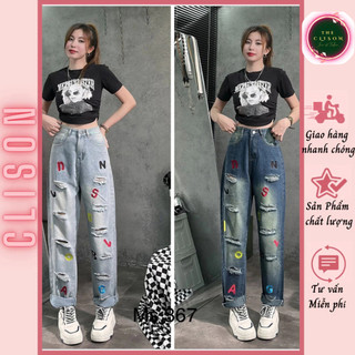 Q367 Quần Jean Baggy lưng cao CLISON  phối thêu chữ phong cách hiện đại dễ thương tôn dáng Q367