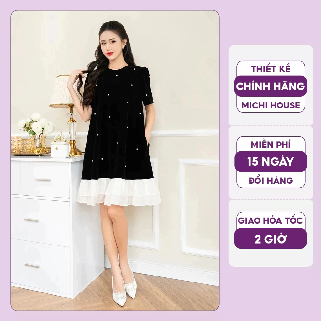 Đầm Suông Đuôi Cá Michi House Váy Xuông Dự Tiệc Sang Trọng Dáng Dài Đến Gối Mặc Thu Đông Bigsize 75kg Bầu Mặc Xinh V678