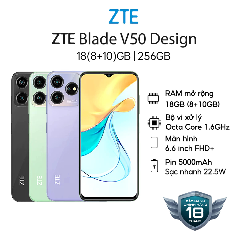 Điện Thoại ZTE Blade V50 Design | 18GB/256GB | 6.6'' Full HD+ | Octa Core 1.6GHZ | 5000mAh 22.5W  | Chính Hãng