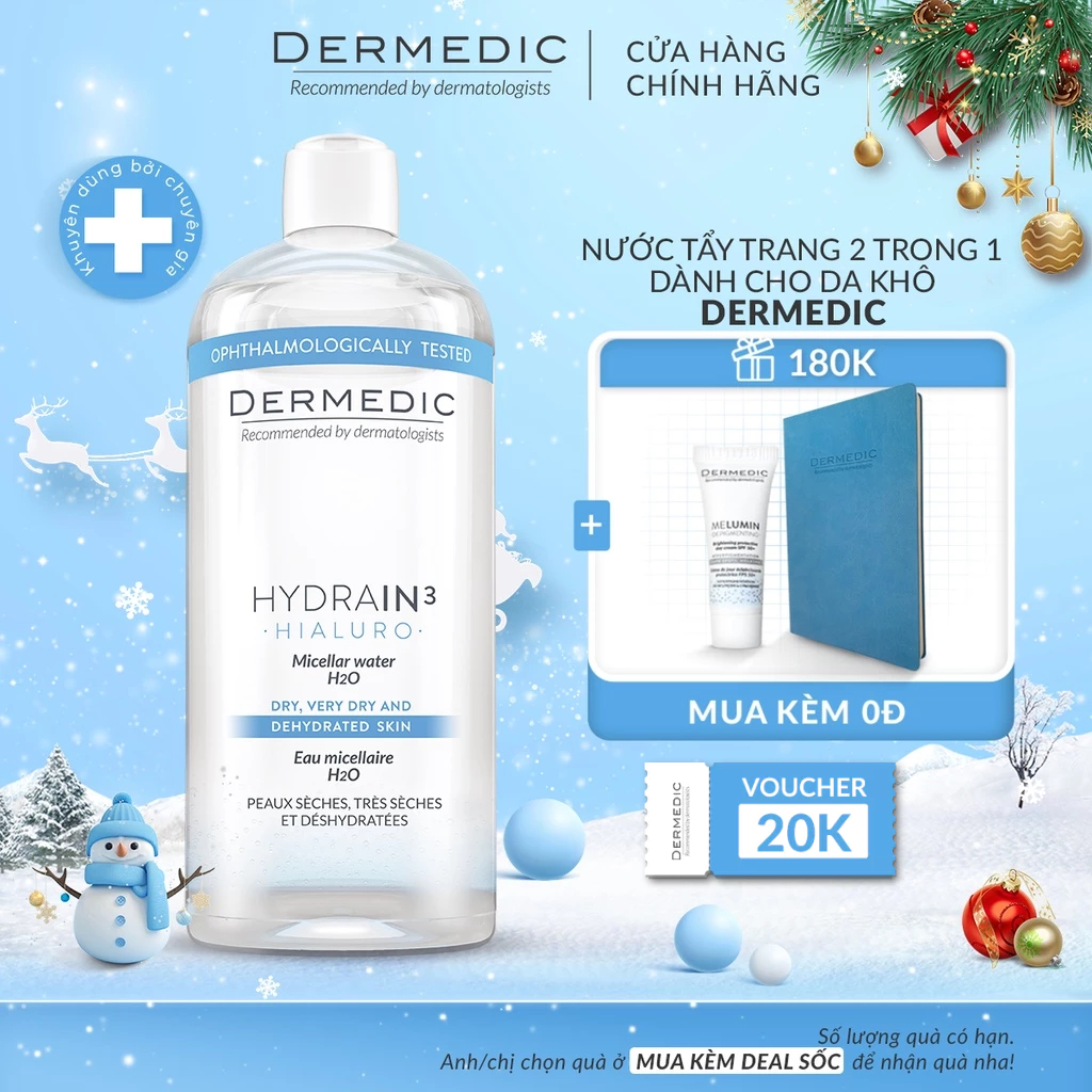 Nước tẩy trang Dermedic 2 in 1 cho da khô cấp ẩm HA Hydrain3 Hialuro Micellar water H2O 500 ml