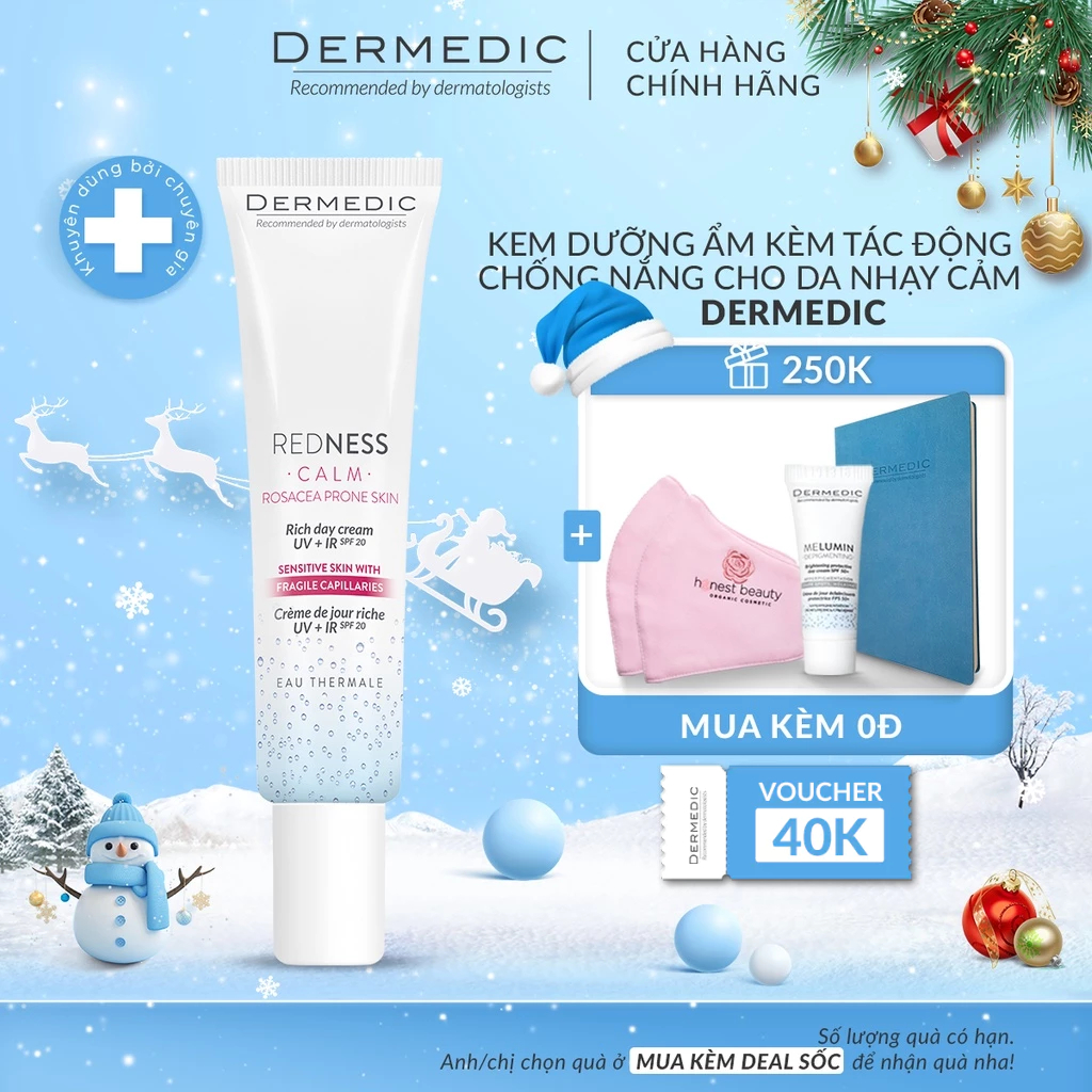 Kem dưỡng ban ngày dành cho da nhạy cảm, mẩn đỏ Dermedic Redness Rosacea Prone Skin Rich Day Cream UV + IR SPF20 - 40ml