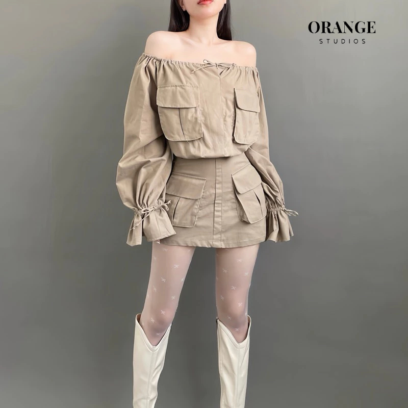 (𝐎𝐑𝐀𝐍𝐆𝐄 𝐒𝐓𝐔𝐃𝐈𝐎𝐒 )  HÌNH THẬT - Contestant Linen Dress - Đầm Thiết Kế Trễ Vai Chất Liệu Vải Linen