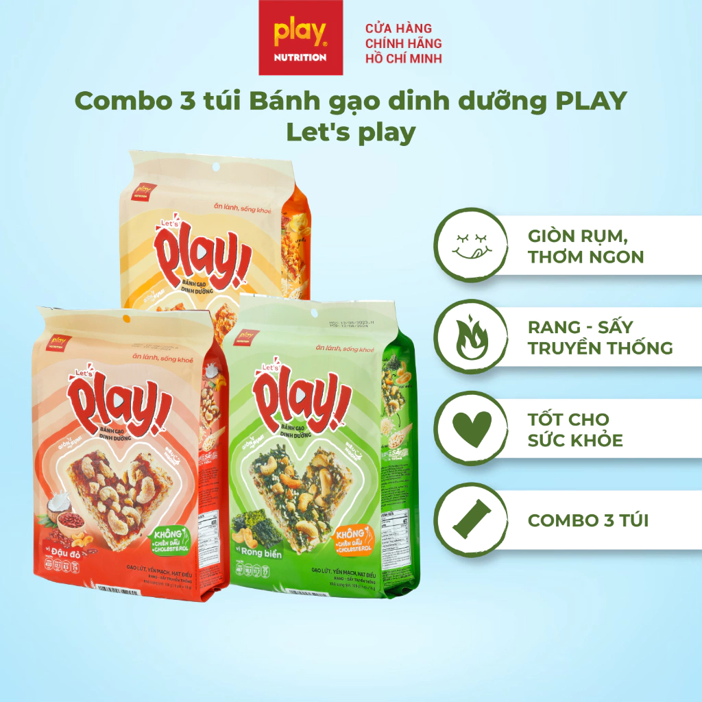 Combo 3 túi bánh gạo dinh dưỡng PLAY Let’s play - Bánh ngũ cốc, giòn tan, ăn vặt healthy