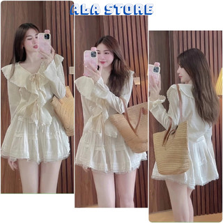 Sét áo váy đũi gân nữ tính, set bộ nữ bánh bèo phối ren áo buộc dây kèm chân váy xòe có quần trong