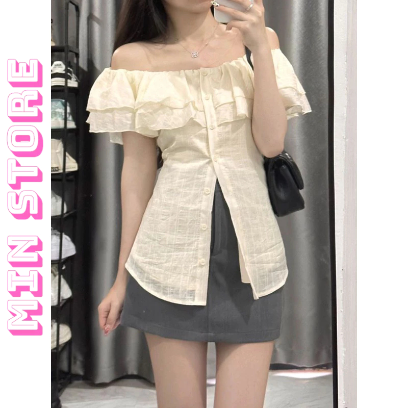 Áo Trễ Vai Nữ Phối Bèo Tay Ngắn ,Tay Dài , Áo Sơ mi Kiểu Nữ Trễ Vai Chất Đũi Gân Sóng Phong Cách Tiểu Thư