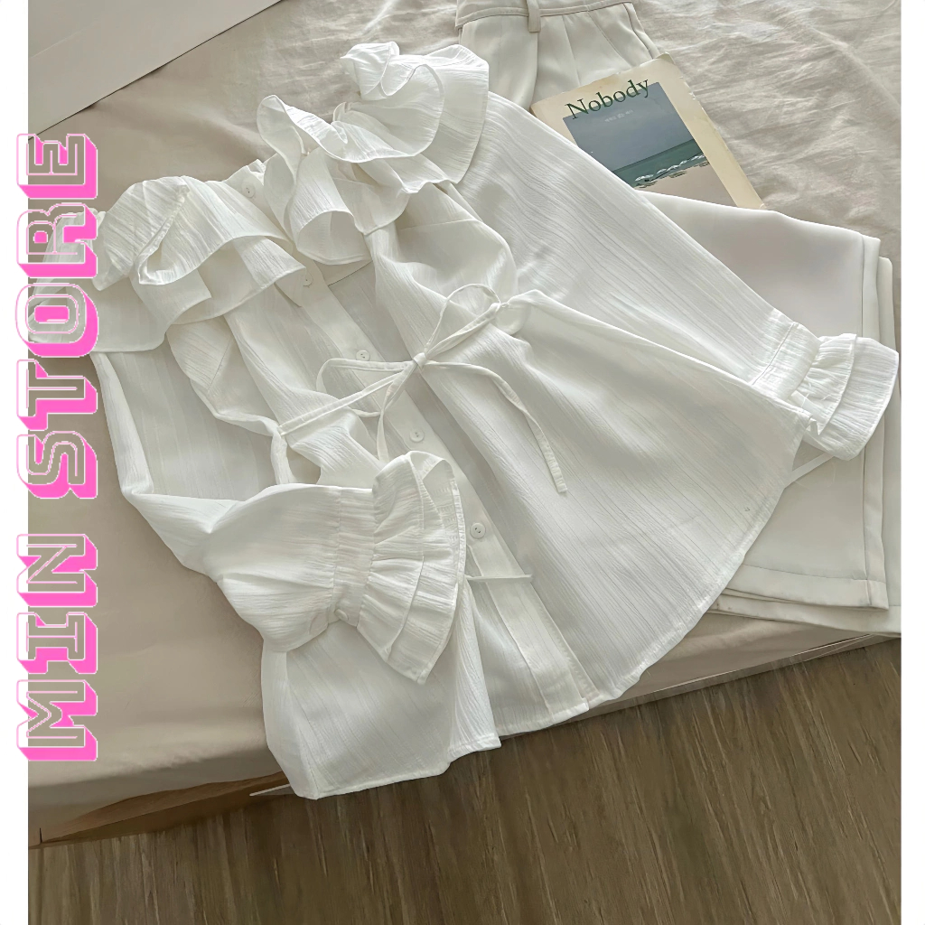Áo Trễ Vai Nữ Phối Bèo Tay Ngắn ,Tay Dài , Áo Sơ mi Kiểu Nữ Trễ Vai Chất Đũi Gân Sóng Phong Cách Tiểu Thư