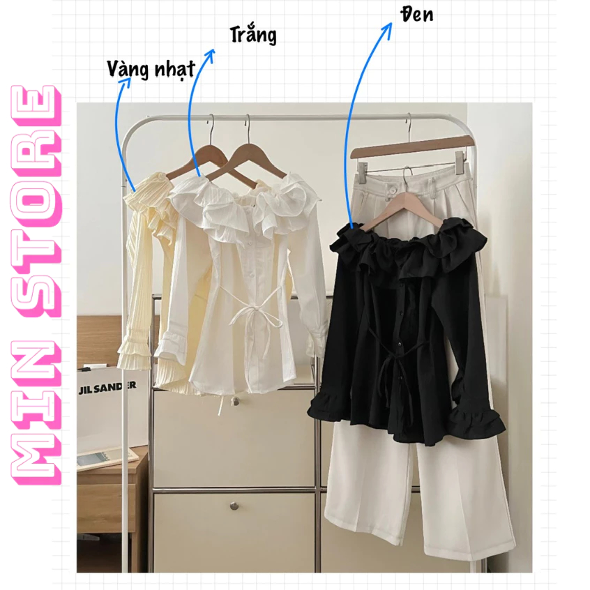 Áo Trễ Vai Nữ Phối Bèo Tay Ngắn ,Tay Dài , Áo Sơ mi Kiểu Nữ Trễ Vai Chất Đũi Gân Sóng Phong Cách Tiểu Thư