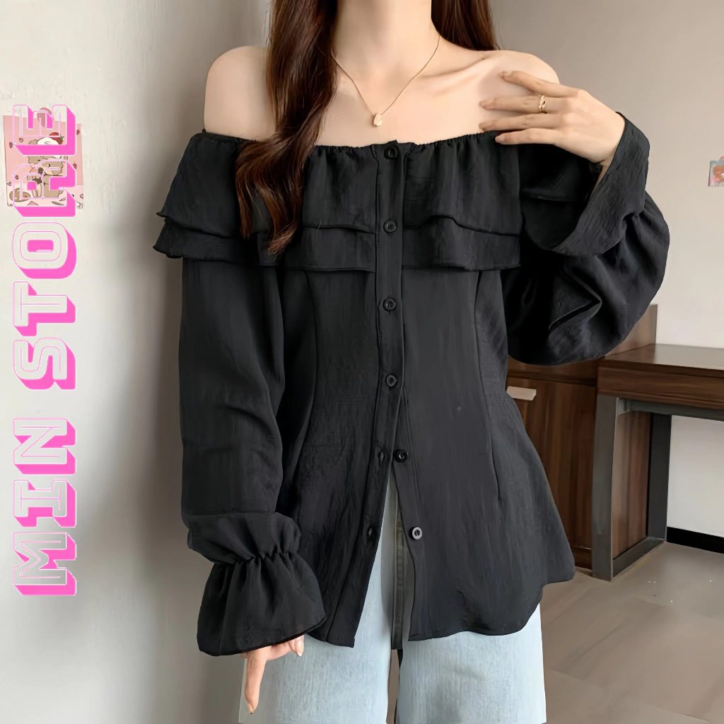 Áo Trễ Vai Nữ Phối Bèo Tay Ngắn ,Tay Dài , Áo Sơ mi Kiểu Nữ Trễ Vai Chất Đũi Gân Sóng Phong Cách Tiểu Thư