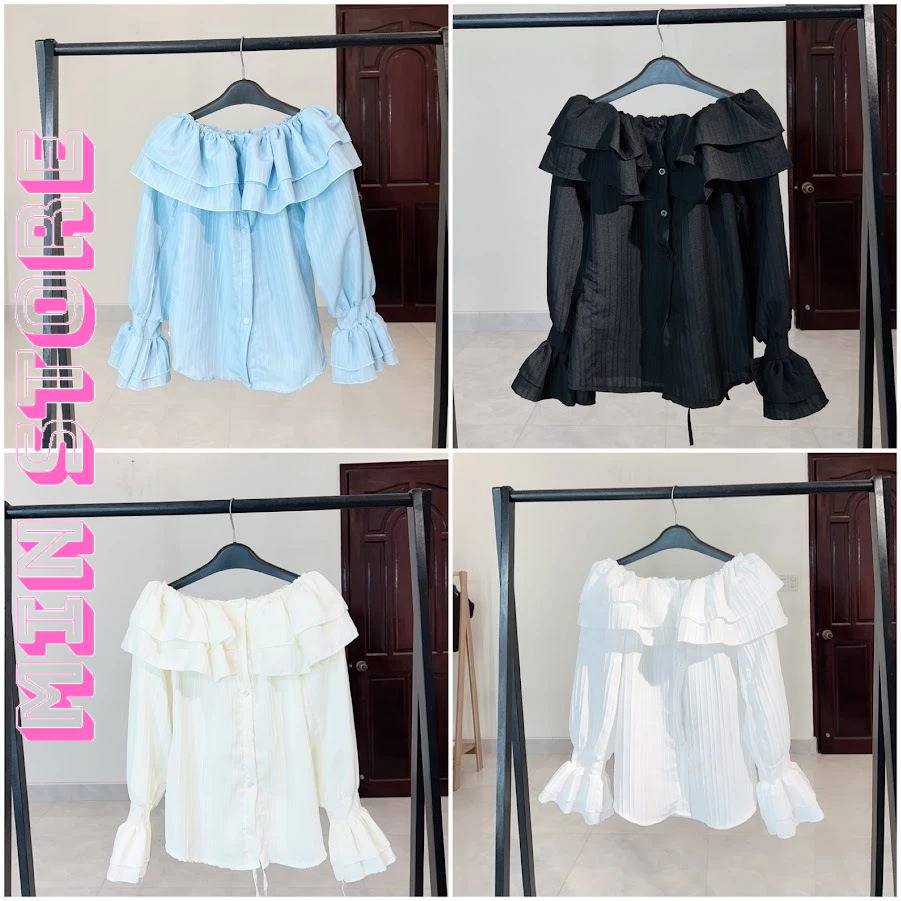 Áo Trễ Vai Nữ Phối Bèo Tay Ngắn ,Tay Dài , Áo Sơ mi Kiểu Nữ Trễ Vai Chất Đũi Gân Sóng Phong Cách Tiểu Thư