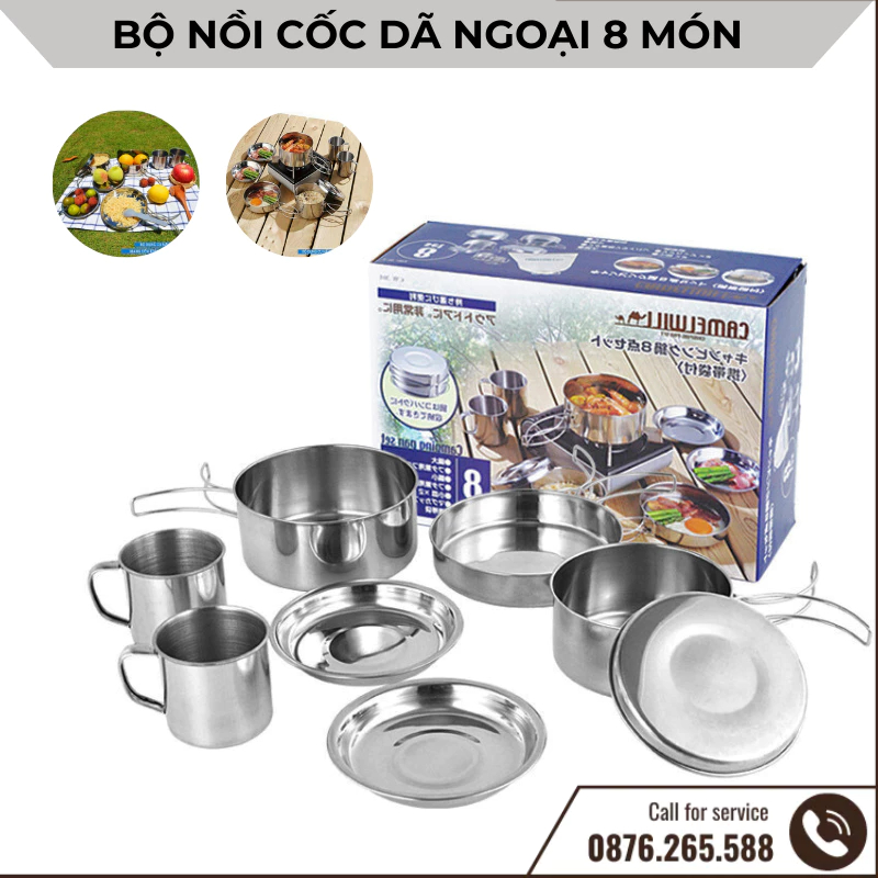 Bộ nồi chảo cốc hiệu CAMEL 8 món cắm trại gọn nhẹ xuất nhật, túi đựng gọn gàng [DCP2]