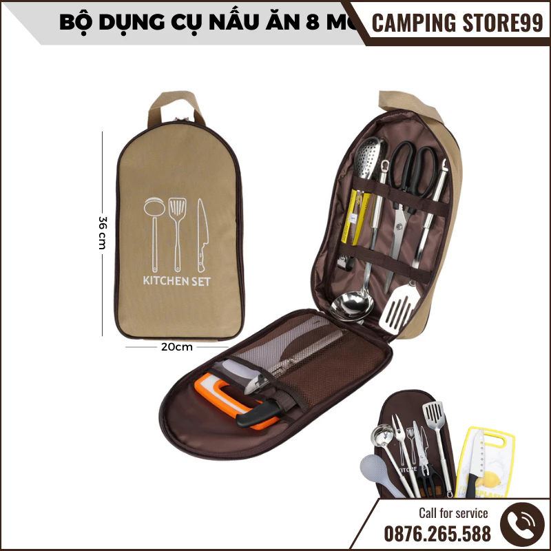 Bộ dụng cụ nấu ăn 8 món Camping có túi đựng cho du lịch và dã ngoại, cắm trại, camping - DCP5